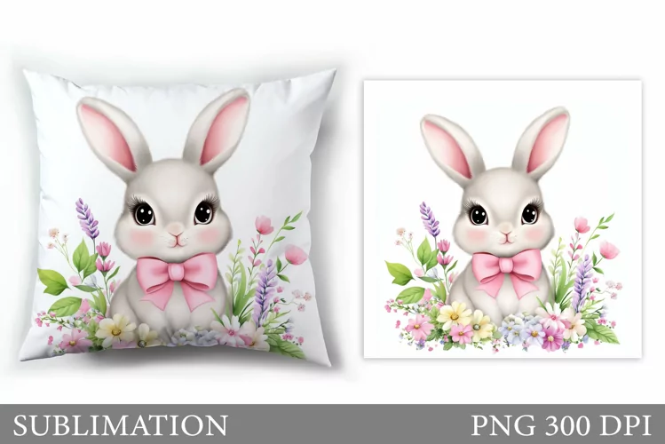 Cute Bunny Pillow Sublimation. Bunny Flowers Sublimation