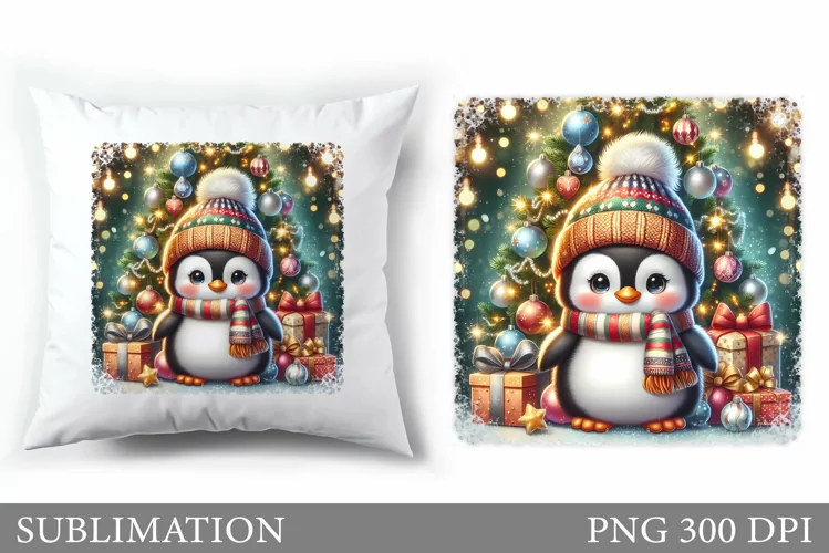 Cute Penguin Pillow Design. Christmas Pillow Sublimation