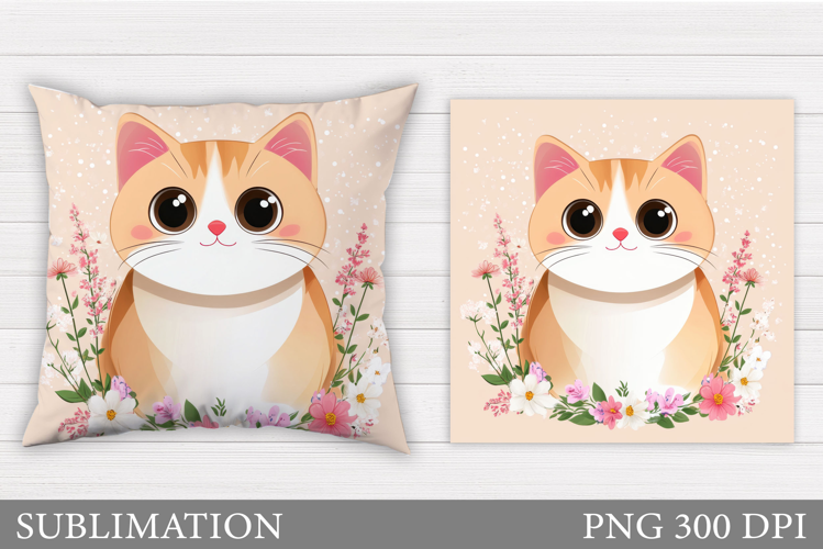 Cute Cat Pillow Sublimation. Cat Flowers Pillow Design