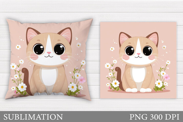 Cute Cat Pillow Design. Cat Flowers Pillow Sublimation example image 1