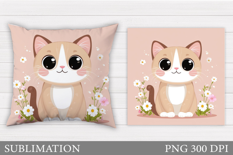 Cute Cat Pillow Design. Cat Flowers Pillow Sublimation