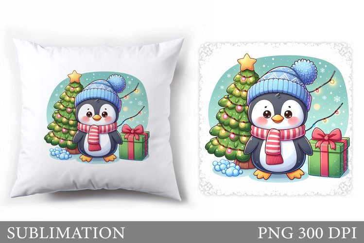 Cute Penguin Pillow Design. Christmas Pillow Sublimation example image 1
