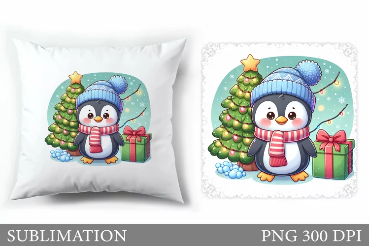 Cute Penguin Pillow Design. Christmas Pillow Sublimation