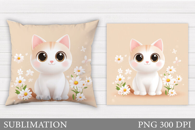 Cute Cat Pillow Sublimation. Cat Flowers Pillow Design example image 1