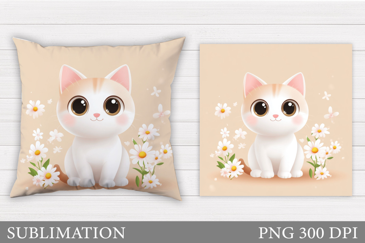 Cute Cat Pillow Sublimation. Cat Flowers Pillow Design