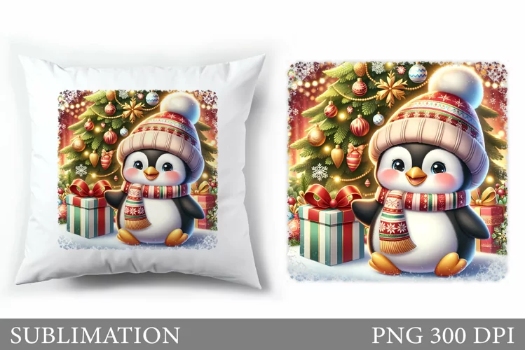 Cute Penguin Pillow Design. Christmas Pillow Sublimation
