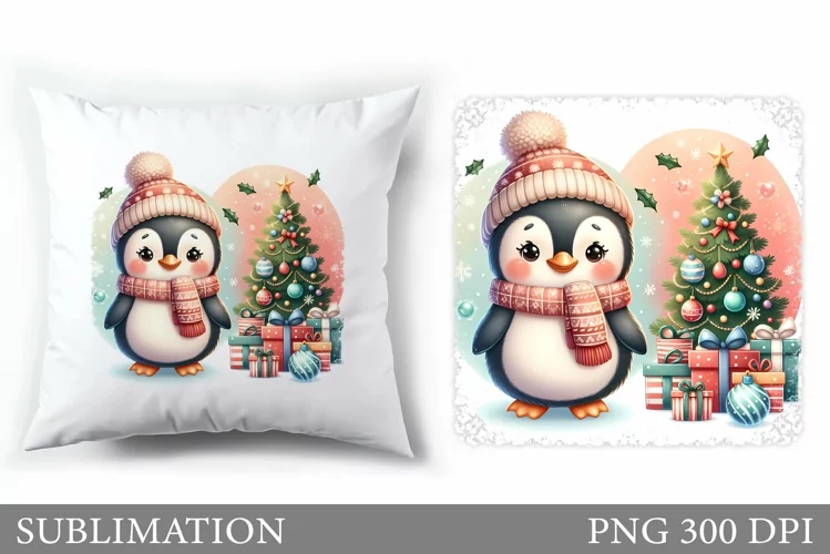 Cute Penguin Pillow Design. Christmas Pillow Sublimation