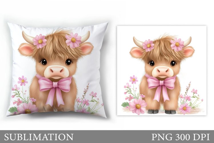 Highland Cow Pillow Design. Cow Flowers Pillow Sublimation example image 1