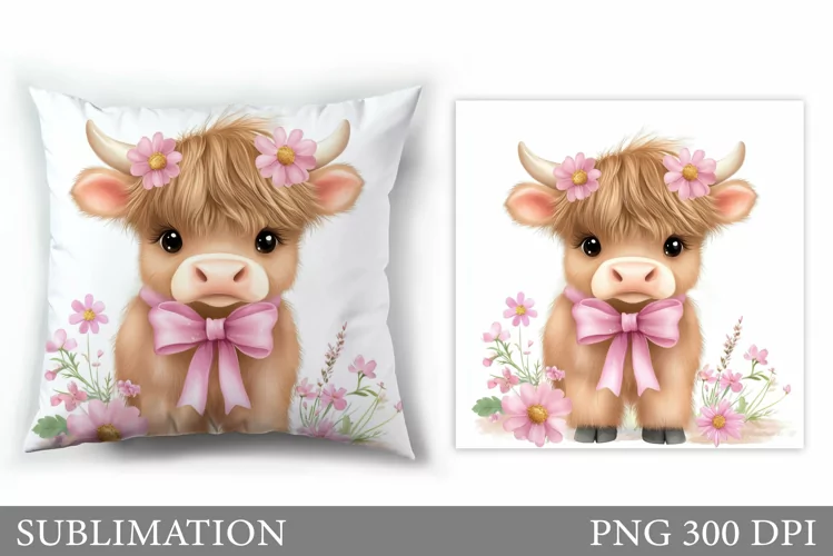 Highland Cow Pillow Design. Cow Flowers Pillow Sublimation