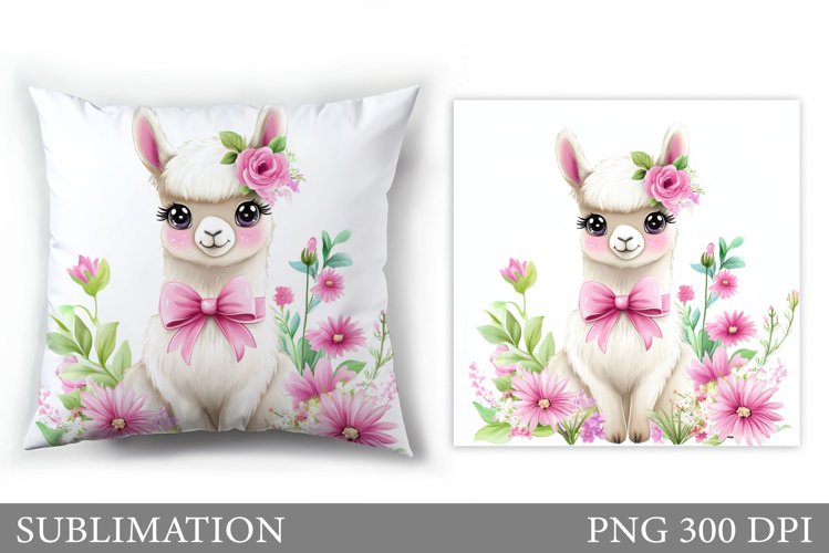 Cute Lama Pillow Sublimation. Lama Flowers Pillow Design example image 1