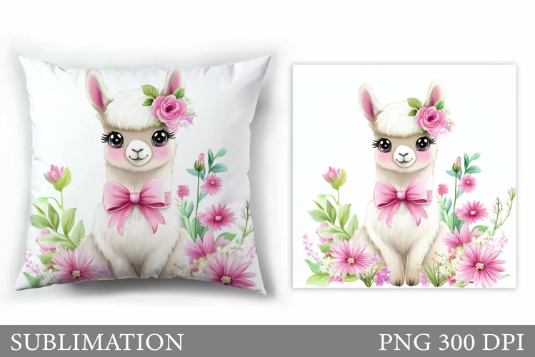Cute Lama Pillow Sublimation. Lama Flowers Pillow Design