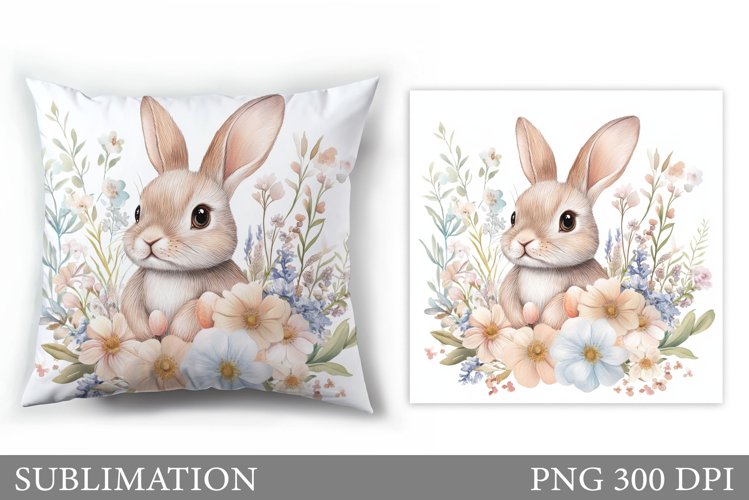 Cute Bunny Pillow Sublimation. Bunny Flowers Sublimation