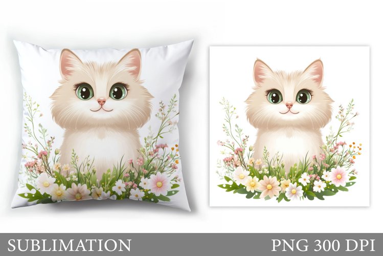 Cute Cat Pillow Sublimation. Cat Flowers Pillow Design