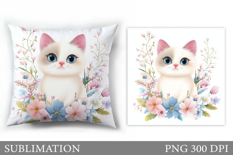 Cute Cat Pillow Sublimation. Cat Flowers Pillow Design