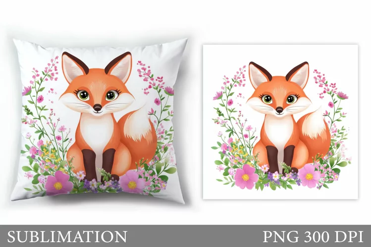 Cute Fox Pillow Sublimation. Fox Flowers Pillow Design