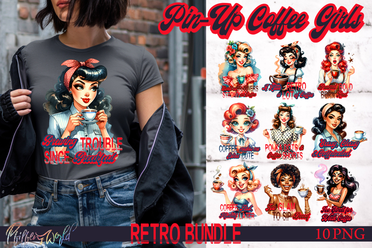 Pin-Up Coffee Girls Bundle | Retro Vintage | Bold quotes example image 1