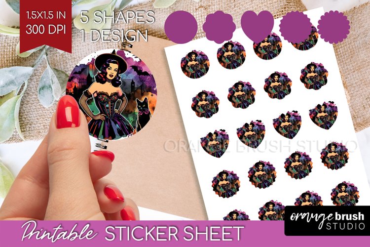 Retro Witch Round Sticker - Halloween Printable Sticker example image 1