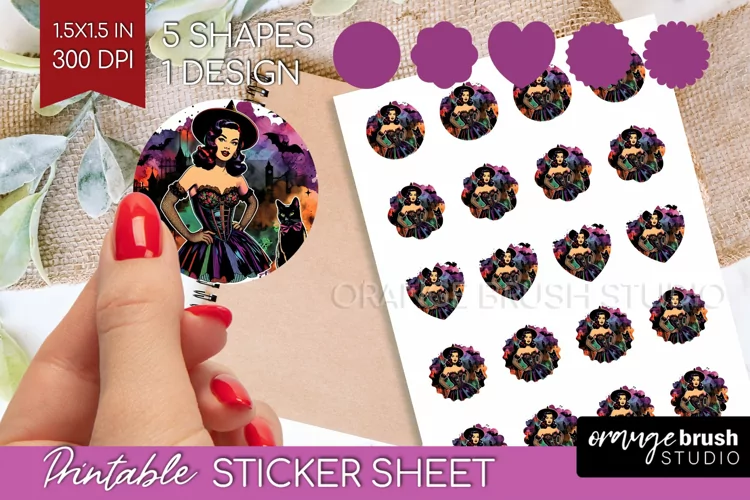 Retro Witch Round Sticker - Halloween Printable Sticker