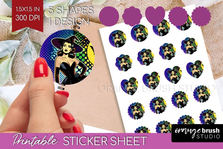 Retro Witch Round Sticker - Halloween Printable Sticker example image 1