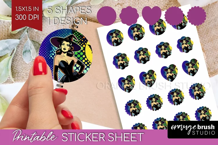 Retro Witch Round Sticker - Halloween Printable Sticker