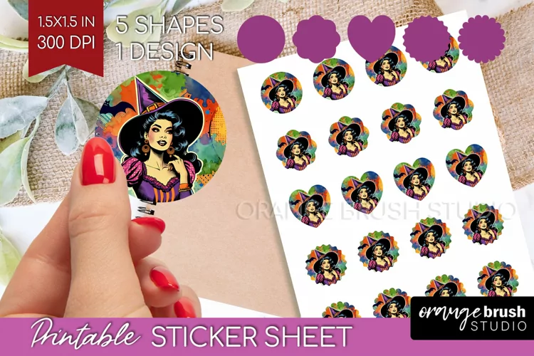 Retro Witch Round Sticker - Halloween Printable Sticker