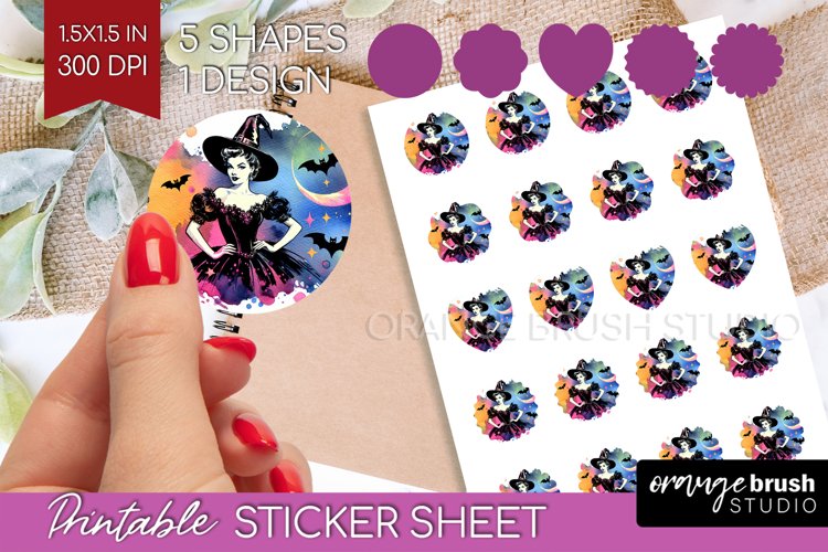 Retro Witch Round Sticker - Halloween Printable Sticker example image 1