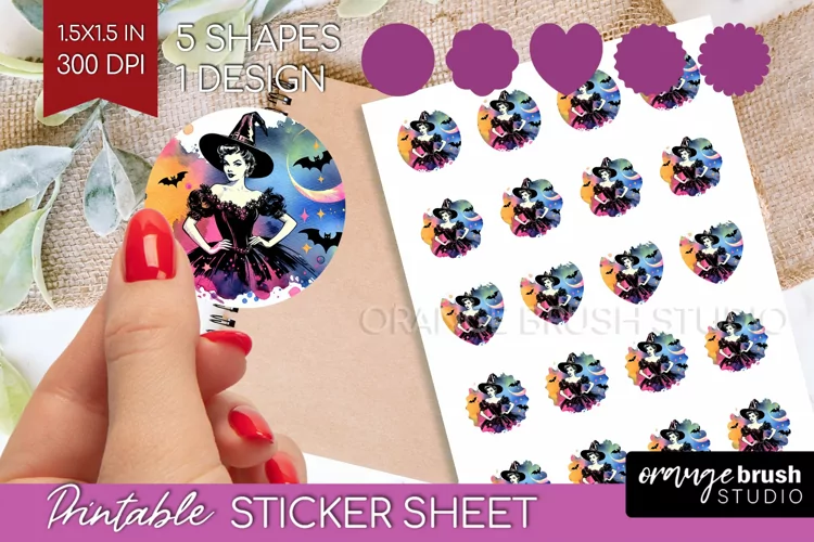Retro Witch Round Sticker - Halloween Printable Sticker