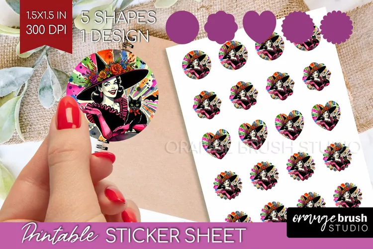 Retro Witch Round Sticker - Halloween Printable Sticker