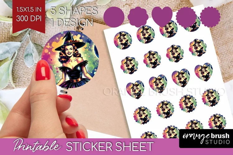 Retro Witch Round Sticker - Halloween Printable Sticker