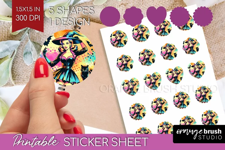 Retro Witch Round Sticker - Halloween Printable Sticker