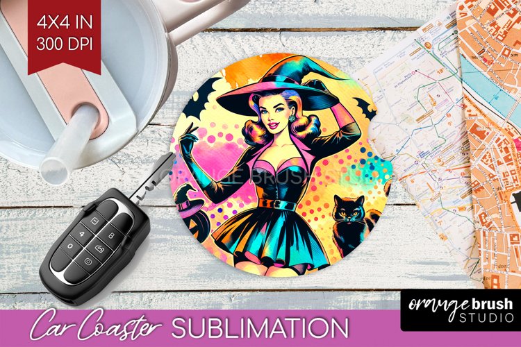 Retro Witch Car Coaster - Halloween Coaster PNG Sublimation