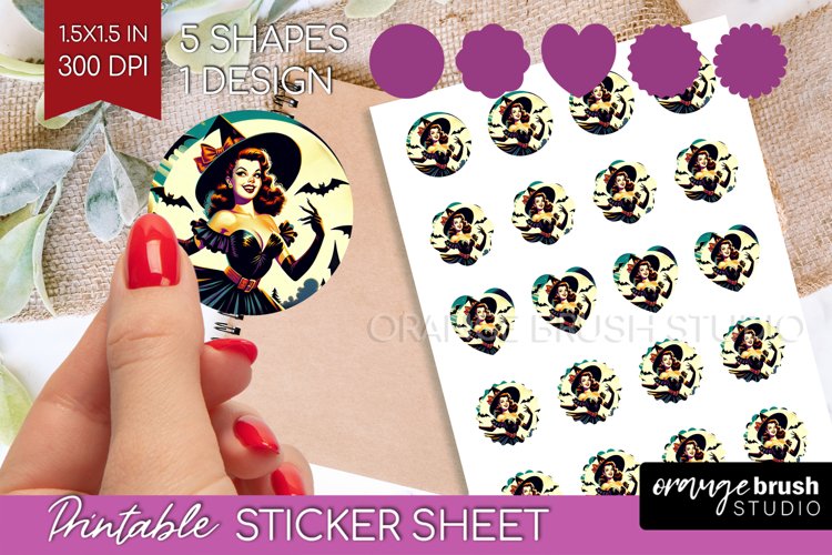 Retro Witch Round Sticker - Halloween Printable Sticker