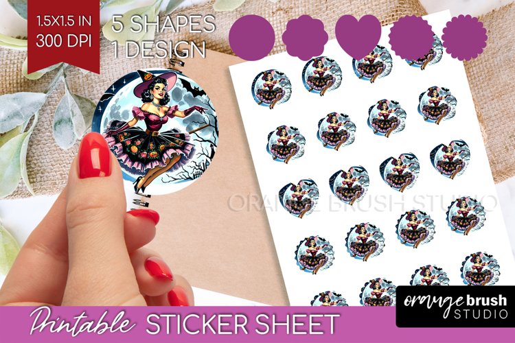 Retro Witch Round Sticker - Halloween Printable Sticker example image 1