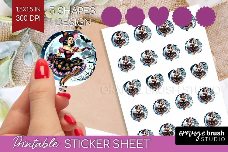 Retro Witch Round Sticker - Halloween Printable Sticker