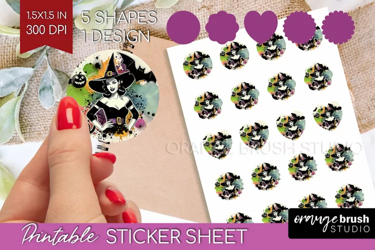 Retro Witch Round Sticker - Halloween Printable Sticker