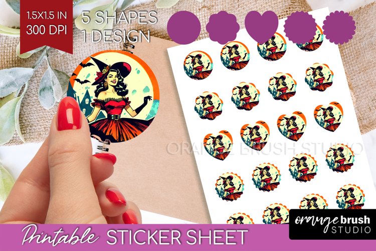 Retro Witch Round Sticker - Halloween Printable Sticker