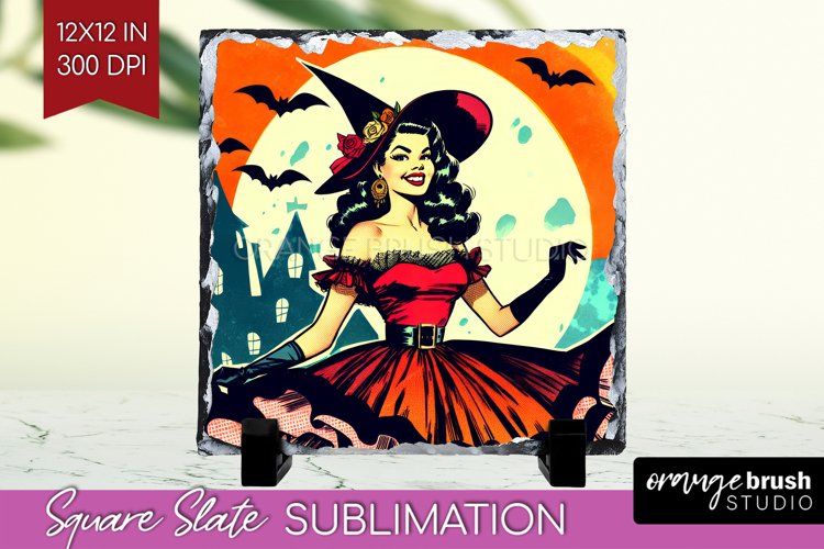 Retro Witch Slate PNG - Halloween Square Slate Sublimation