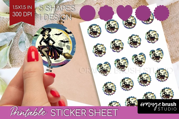 Retro Witch Round Sticker - Halloween Printable Sticker