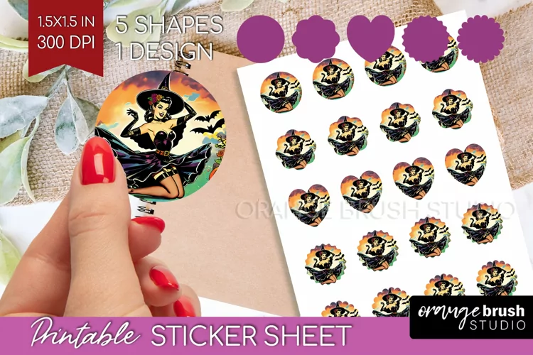 Retro Witch Round Sticker - Halloween Printable Sticker
