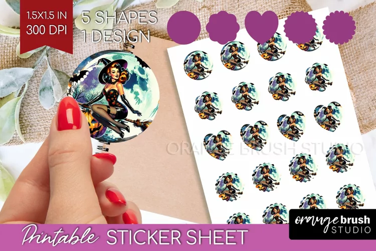 Retro Witch Round Sticker - Halloween Printable Sticker