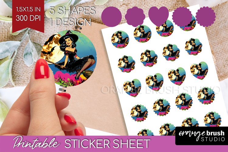Retro Witch Round Sticker - Halloween Printable Sticker example image 1
