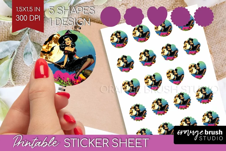 Retro Witch Round Sticker - Halloween Printable Sticker