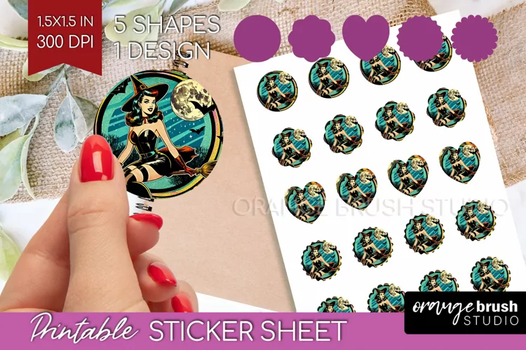 Retro Witch Round Sticker - Halloween Printable Sticker
