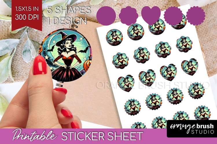Retro Witch Round Sticker - Halloween Printable Sticker