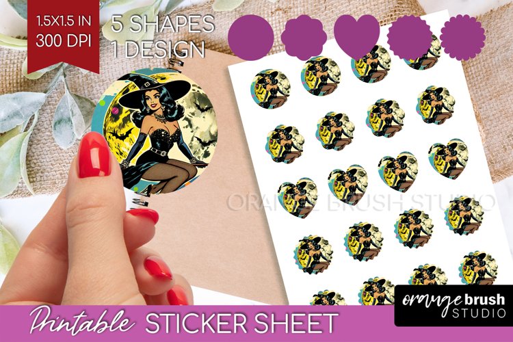 Retro Witch Round Sticker - Halloween Printable Sticker example image 1