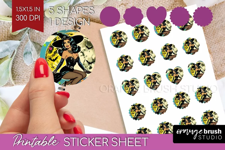 Retro Witch Round Sticker - Halloween Printable Sticker