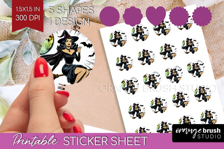 Retro Witch Round Sticker - Halloween Printable Sticker