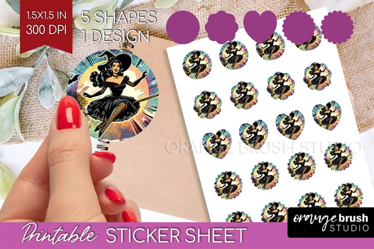 Retro Witch Round Sticker - Halloween Printable Sticker example image 1