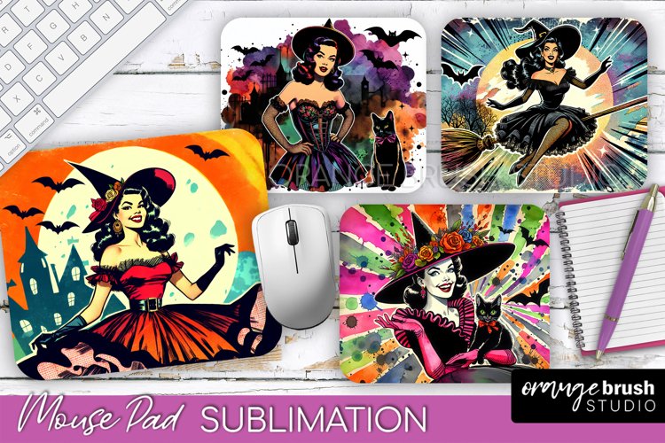 Witch Mouse Pad - Retro Halloween Mousepad Sublimation PNG example image 1