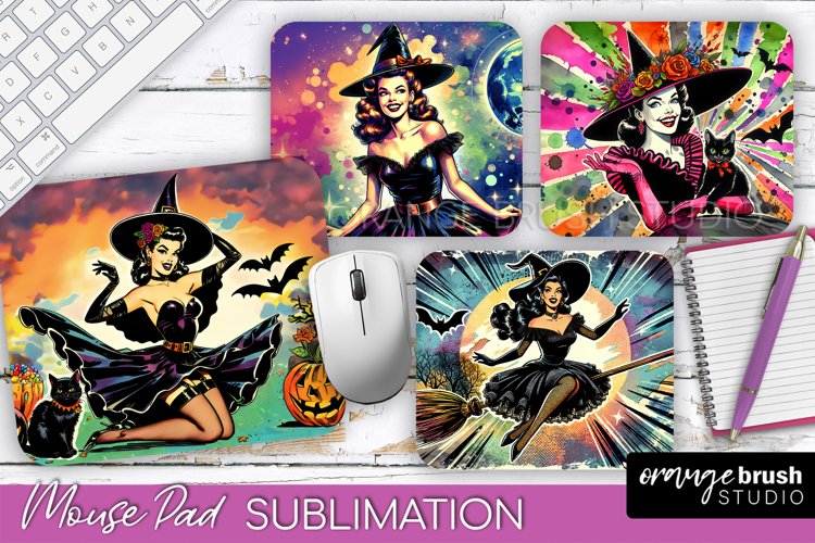 Witch Mouse Pad - Retro Halloween Mousepad Sublimation PNG example image 1